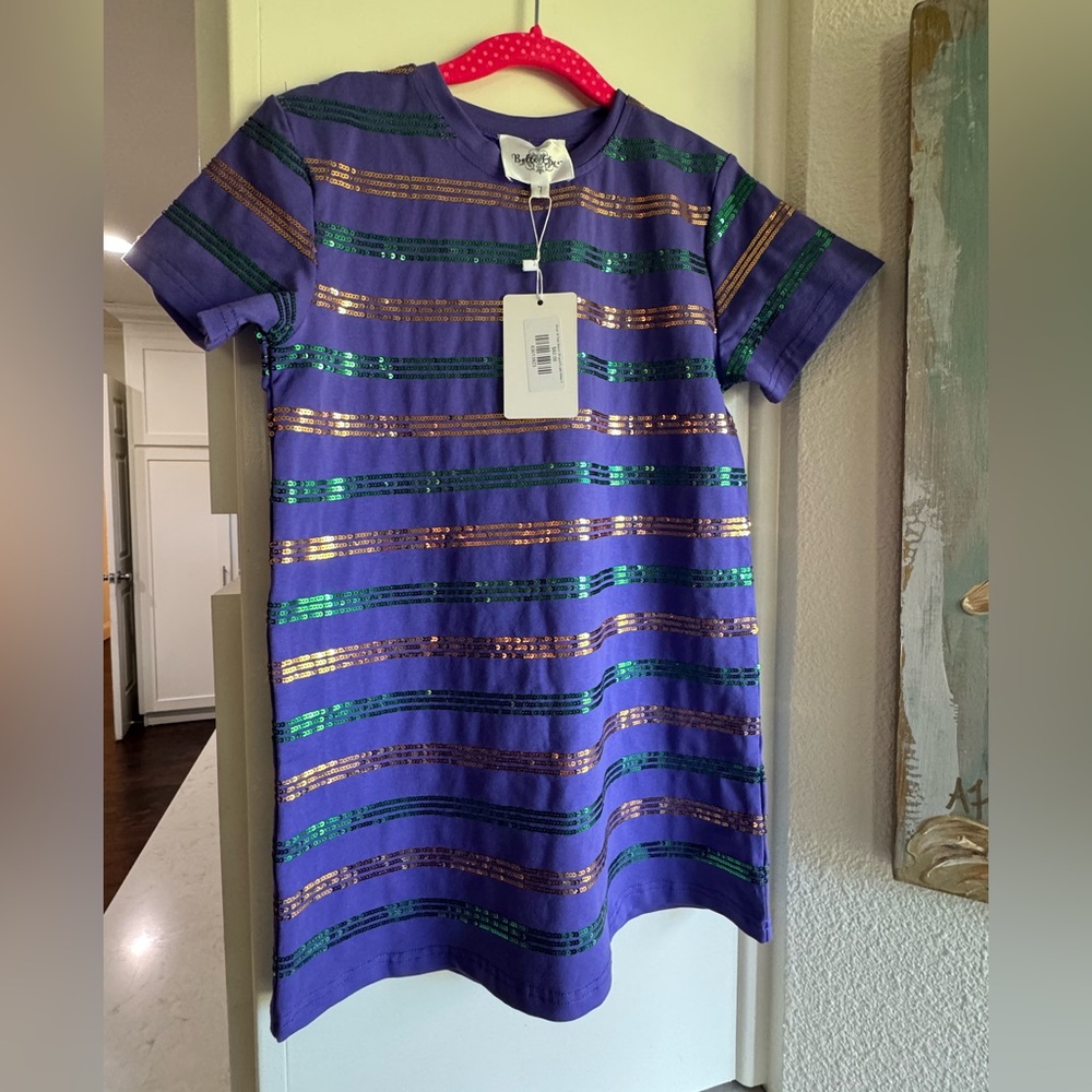 Vibrant Striped Girls Dress in Purple, Green, and Gold